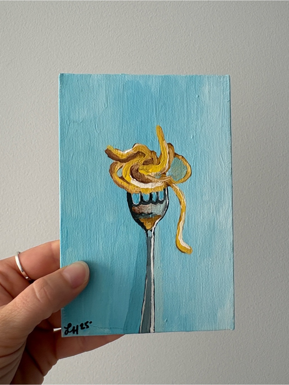 Original Blue Fork & Pasta Painting 4”x6”